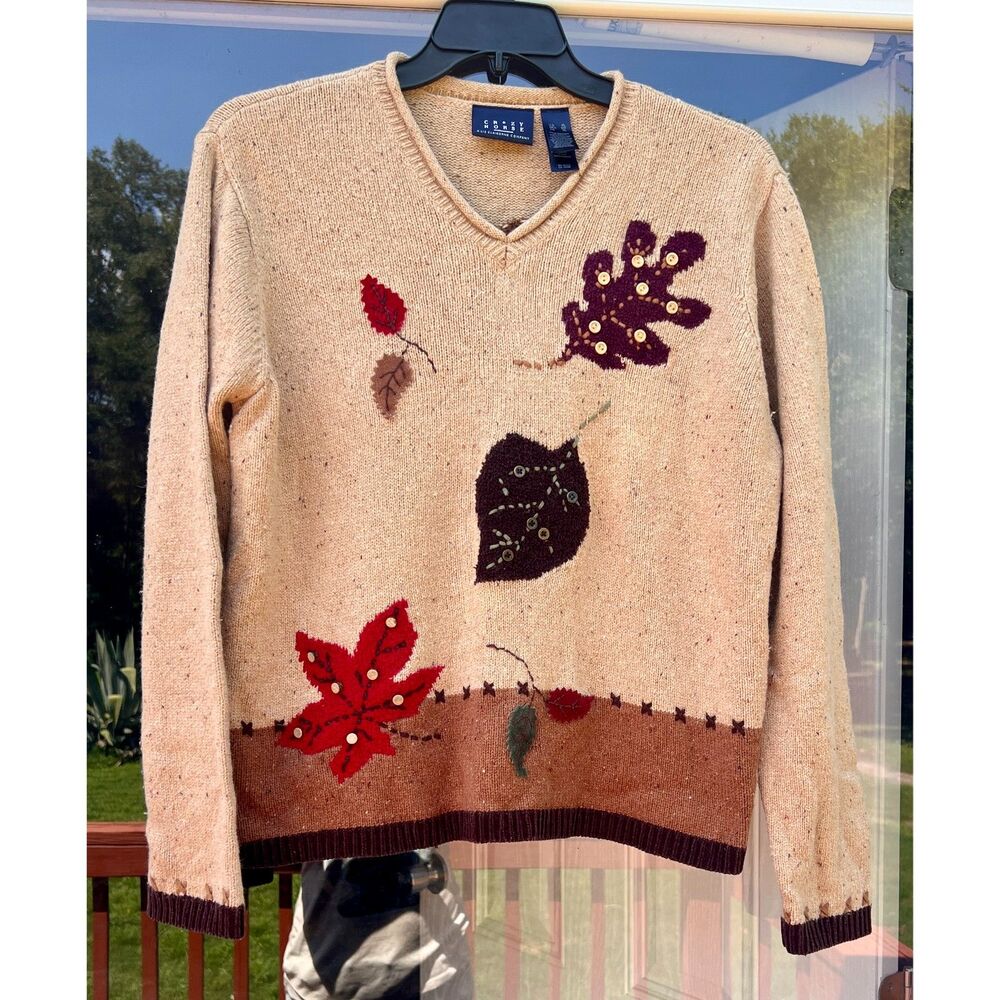 Crazy Horse V-Neck Tan Sweater Fall Leaves Embroidered Applique Knit Women's XL